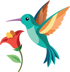 A tiny hummingbird hovering next to a bright flower, its wings a blur of motion, with wide, curious eyes.