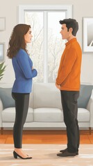 Fototapeta premium Married couple spouses quarrel, squabbling, fighting, vigorously gesticulating while sitting on couch. Aggressive wife blaming husband making excuses. Guy and girl violently discussing acute issue.