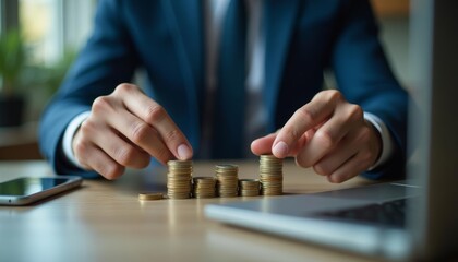  Man counting money on desk with laptop and phone