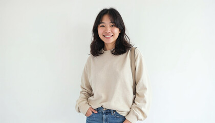 Portrait of a young Asian college girl in casual attire, smiling against a white background.