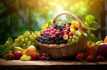 A large basket filled with various fruits sits on a wooden table