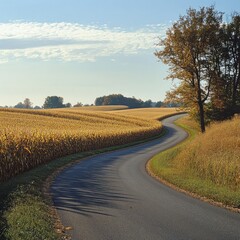 Naklejka premium A serene country road lined with golden corn fields swaying gently in the breeze, inviting travelers to stop and enjoy the tranquil beauty of rural life. Corn