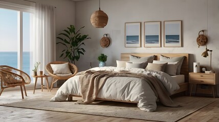 Home mockup, simple cozy Coastal bedroom interior background, 3d render