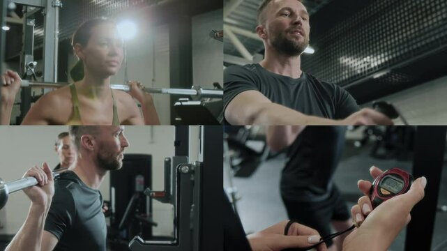 Split screen of strong woman and man squatting with barbell, using rowing machine and timing exercises with stopwatch in gym