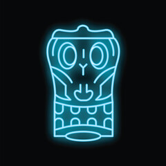 Bright blue neon sign of a tiki idol glowing on a black background