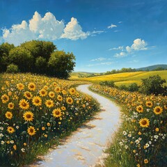 A tranquil country road lined with wildflowers, leading to a picturesque open field where golden sunflowers sway gently in the breeze under a clear blue sky. field
