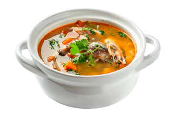 Soupe de poisson soup in a white ceramic bowl