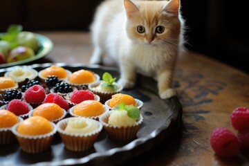 Fruit Tartlets: Close-up shots of mini fruit tartlets arranged on a vintage serving tray, with a village bakery cat playfully exploring.