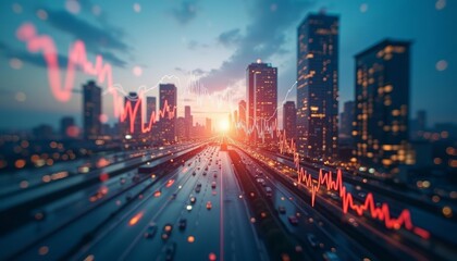 Fototapeta premium Vibrant cityscape at dusk with dynamic lines and lights