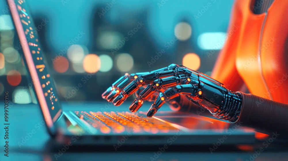 Aufkleber robot hand typing on laptop computer.