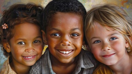 Obraz premium A close-up portrait of three kids from different backgrounds