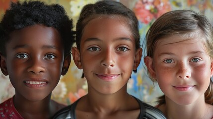 Fototapeta premium A close-up portrait of three kids from different backgrounds