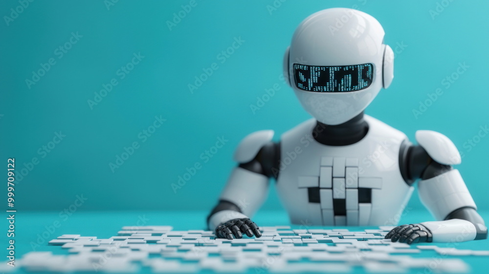 Poster Robot Solving a Puzzle on a Blue Background.