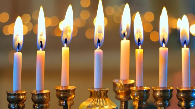 A row of lit candles in ornate holders, symbolizing warmth and spirituality during religious and festive celebrations.