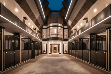 luxery modern stable combain with house with ilumination at night. Equestrian concept. Ai generated