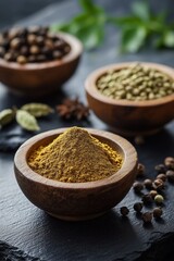 Coriander Powder with Whole Spices in Wooden Bowls on Dark Slate Surface Highlighting Texture and Color