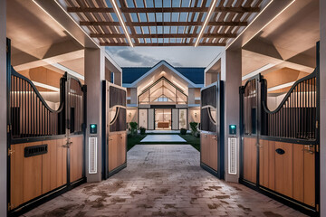 luxury modern stable combine with house with illumination at night. Equestrian concept. Ai generated