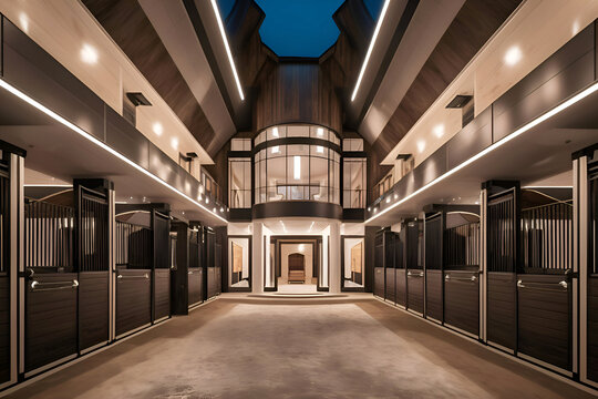 luxery modern stable combain with house with ilumination at night. Equestrian concept. Ai generated