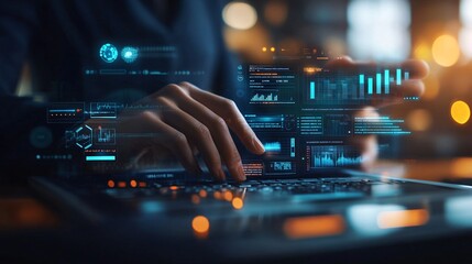 Closeup of a hand interacting with a futuristic holographic display.