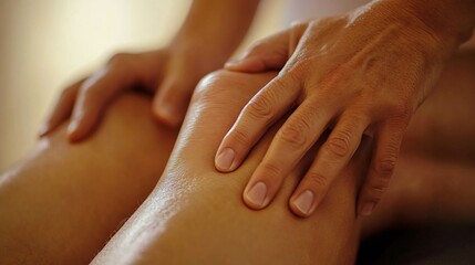Close-up of a hand massaging a knee.