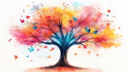 Watercolor Tree with Butterflies.