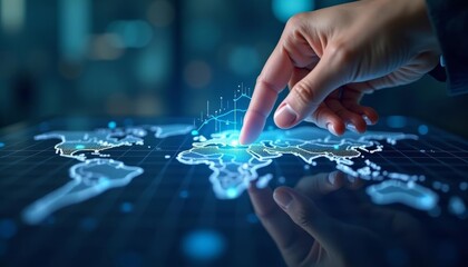  Hand pointing to glowing map on futuristic interface
