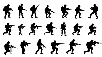 Silhouettes of Soldiers in Various Combat Poses with Rifles,  Illustrating Military Action and Strategy