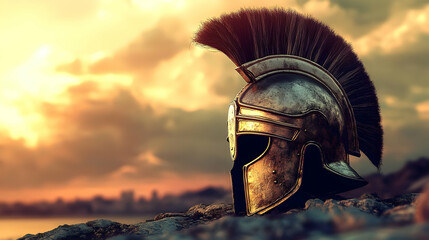 A weathered, ancient, bronze Spartan helmet sits atop a rocky crag, bathed in the warm glow of a setting sun, the plume of horsehair casting a long shadow
