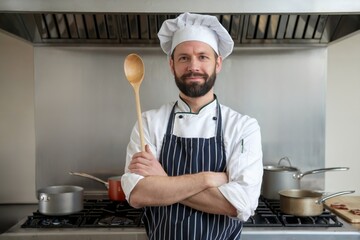 Confident chef holding wooden spoon in professional kitchen. Culinary arts. Cooking expertise. Restaurant application. For design, print, banner, flyer, poster.