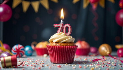 Birthday cupcake with burning lit candle with number 70. Number seventy for seventy years or seventieth anniversary.