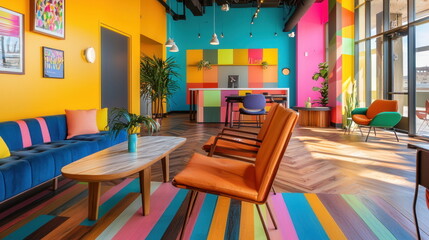 Colorful Modern Lounge Area with Blue Sofa and Orange Chairs.