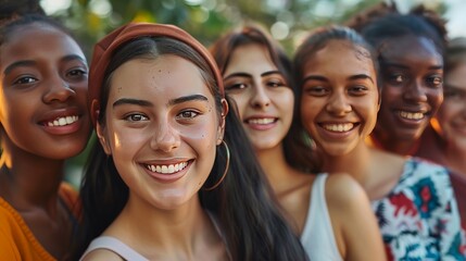 Fototapeta premium A diverse group of young women, all smiling and standing close together