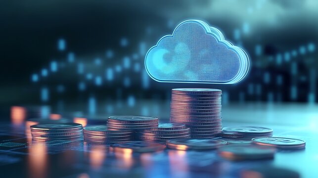 Stacks of coins with a cloud icon symbolize cloud financial planning, highlighting cost management and budgeting in cloud computing