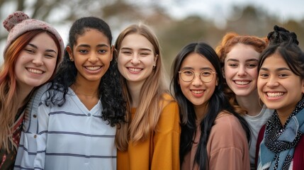 Obraz premium A diverse group of young women, all smiling and standing closely