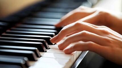Obraz premium Close-up of a hand playing the piano keys.