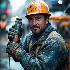 Construction worker using a pneumatic drill on a busy street 