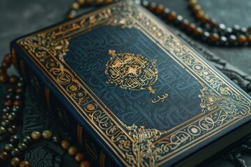 Naklejka premium A rosary and a book on a table, perfect for a quiet moment of devotion or study