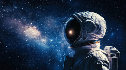 Astronaut in helmet floating in space, side view, open space, milky way, stars and planets background. Generative AI
