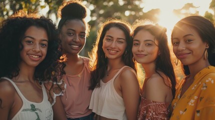 A diverse group of young women, all smiling and standing close