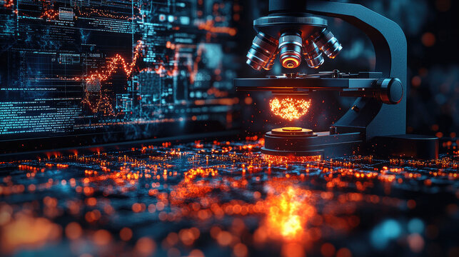 A close-up of an AI microscope studying glowing data in the shape of cells, set against digital code and charts on a screen background. Created with Ai
