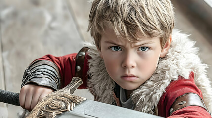 A Young Boy Dressed as a Warrior Holding a Sword with a Determined Expression