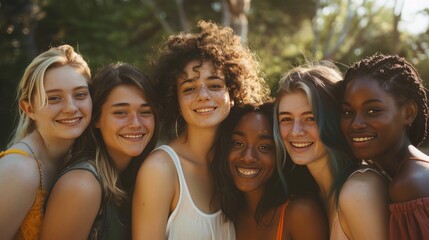 Fototapeta premium A diverse group of young women from different races, all smiling and standing closely
