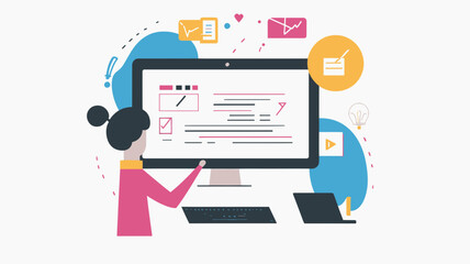 Vector Illustration of Woman Working on Web Development Project, Data Analysis, and Digital Design on Computer Desktop