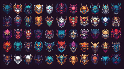 A Collection of 40 Pixel Art Heads of Robots, Monsters, and Warriors with Detailed Designs and Colors on a Black Background