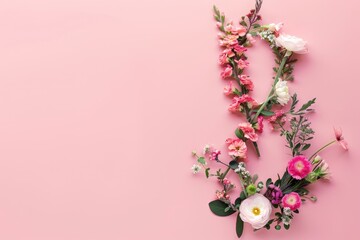 A unique arrangement of flowers forms a numerical shape on a bright pink background