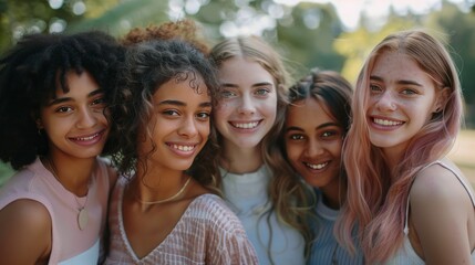 Fototapeta premium A friendly group of young women from different races, all smiling and standing closely