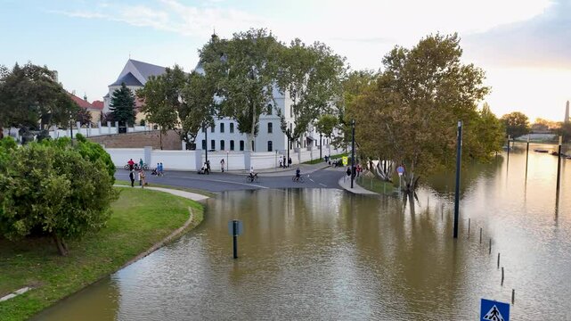 Floods on the river R&aacute;ba in Győr Hungary - high water levels