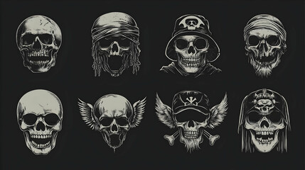 Eight Detailed Skulls with Different Accessories and Expressions on a Dark Background