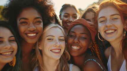 Fototapeta premium A group of diverse young women, all smiling and standing close