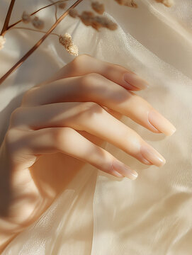 A delicate image of a woman's hand with a soft, natural manicure against a backdrop of gentle, diffused light. The graceful fingers, well-groomed skin, and minimalist nail design highlight natural bea